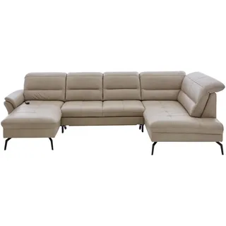Beldomo Speed Wohnlandschaft, Beige, Metall, Echtleder, Semi-Anilinleder, 5-Sitzer, U-Form, 336x206 cm, Goldenes M, erweiterbar, Typenauswahl, Fußauswahl, Lederauswahl, Sitzqualitäten, seitenverkehrt erhältlich, Bettfunktion Hocker individuell planbar, Wohnzimmer, Sofas & Couches, Wohnlandschaften, Wohnlandschaften in U-Form
