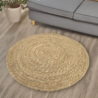 Seegras Teppich Rund Natur - √ò 80 Cm - Bodenmatte Im Ethno Style - Niedrigflor Naturfaser Matte Landhaus Boho Stil Recycelbar Antistatisch Farbecht