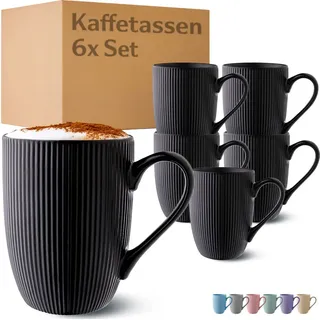 Cosumy Kaffeetassen 6er Set Modern Schwarz - Einzigartiges Streifenmuster - Matt Keramik - Mikrowellenfest - Spülmaschinenfest & Komfortabler Griff - Schwarz