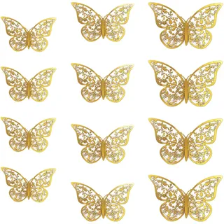 Oblique Unique® 3D Schmetterlinge 12er Set Metall Dekoration inkl. Klebepunkte Wandtattoo Wandsticker Wanddeko in Gold oder Silber - Farbe Wählbar (Gold)