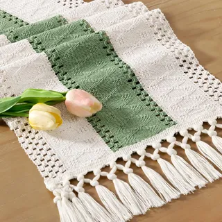 Socomi Boho-Tischläufer, Sommer, Bauernhaus, rustikal, Esszimmer, Küche, Dekor, Kleiner Makramee, gewebte Baumwolle, Leinen, Couchtischläufer für Kommode, Schal, Heimdekoration, 30,5 x 152,4 cm