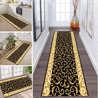 ZDYHMrj Teppich Läufer Flur Küche rutschfest waschbar Teppichläufer Lang 100X400CM Schwarz und Gold Korridor Teppichmatten Kücheteppich Schlafzimmer Wohnzimmer Flurmatten Breit 40-120cm