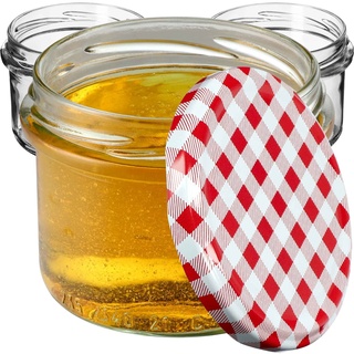 KADAX kleine Einmachgläser 235 ml, Gläser fi82, Minigläser für Honig und Ge-würze, Marmeladengläser mit Deckel, Luftdichte Gläschen zum Verschenken (Rot kariert 20 Stück)