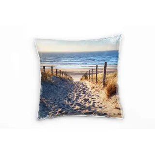Paul Sinus Art Strand und Meer, Dünen, Gras, Sonne, beige, blau Deko Kissen 40x40cm für Couch Sofa Lounge Zierkissen - Dekoration zum Wohlfühlen