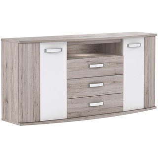 FORTE Rondino Sideboard mit 2 Türen und 3 Schubladen, Holzwerkstoff, Sandeiche / Weiß Hochglanz, 61,3 x 81,5 x 169,6 cm