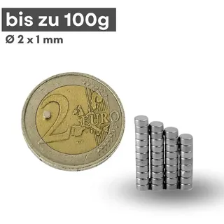 MaajeeKuto Magnet Neodym Magnet Ø2x1 mm N42 Scheibenmagnet 100g Mini Stark (100-St), Werkstoff: NdFeB, Farbe: Silberfarben