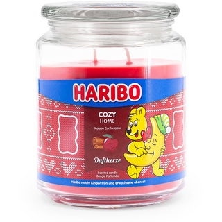 Haribo Duftkerze im Glas mit Deckel | Cozy Home | Duftkerze Winter | Kerzen lange Brenndauer (100h) | Kerzen Rot | Duftkerze Groß (510g)