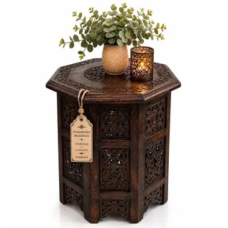 Orientalischer Beistelltisch Ø 42,5cm H 47cm aus Mango Massivholz braun handgeschnitzt | Handmade Couchtisch Vintage Sofatisch - Braun