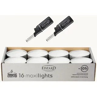 EDZARD Teelicht Maxi-Teelichter Ø 58 mm Aluminiumhülle, mit 2 Feuerzeugen (Set, 16 Stück), Umweltfreundlich weiß