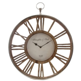Casa Padrino Luxus Wanduhr im Design einer antiken Taschenuhr Silber / Naturfarben Ø 50 cm - Dekorative runde Uhr mit einem Ziffernblatt aus unbehandeltem Holz