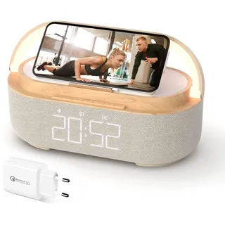 COLSUR Radiowecker Digital mit Wireless Charger und Bluetooth Lautsprecher | Smart Wecker Schlummerfunktion Induktive Ladestation Nachtlampe, Dimmbares LED-Display und Batterie-Backup mit Ladegerät,Bois