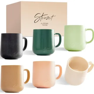 Steinzeit Tasse Kaffeetassen (6x350ml) - Kaffeebecher aus 100% Handfertigung -, Tassen Set mit 6 einzigartigen Pastellfarben - Große Tasse 350ml bunt
