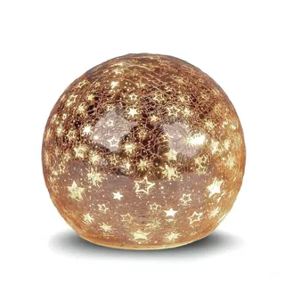 Formano LED Deko-Kugel Sterne Rose-Gold 12cm Glaskugel Timer Herbst Deko | Farbglas in Crackle-Optik mit winterlichem Dekor - Herbst Winter Weihnachtsdeko für Tisch Regal Fensterbank