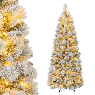 RELAX4LIFE 180 cm Pop-Up Weihnachtsbaum mit Beleuchtung, Künstlicher Tannenbaum mit Schnee & 170 warmweißen LEDs & 517 Zweigspitzen aus PVC, Metallständer, beflockter Christbaum für Zuhause & Büro