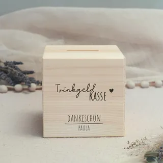 hellomini Personalisierte Spardose aus Holz mit Namen – Trinkgeldkasse mit Gravur – Ideal für Friseur, Gastro oder Büro – Personalisiertes Geschenk mit Humor - Trinkgeldkasse Danke