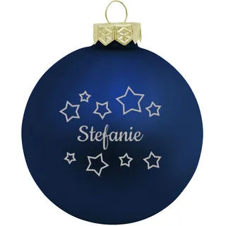 Deitert Weihnachtskugel mit Namen oder Wunschtext graviert, Ø 8cm, personalisierte Christbaumkugel aus Glas (matt), individueller Weihnachtsbaumschmuck mit Gravur, Sternen-Motiv, Blau
