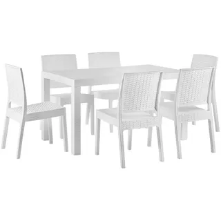 BELIANI Gartenmöbel 6er Set Weiß aus Kunststoff Rattanoptik Tisch 80 x 140 cm rechteckige Form Tiscch 6 Stühle Balkon Terrasse Gartenzubehör Ou...