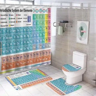 Duschvorhang-Set mit Periodensystem der Elemente, modernes buntes Wissenschaftstechnologie, Liebes-Design, Badezimmer-Dekor mit Teppichen, inklusive rutschfestem WC-Deckelbezug, Badezimmer, Schwarz,