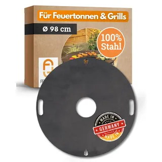 Feuerfest 123 Grillplatte rund I Ø 98cm I Feuerplatte aus Feinkorn-Stahl I Massive Plancha-Platte mit 4mm Stärke I Grillaufsatz für Feuerschale, Feuertonne, BBQ-Grilltonne & Kugelgrill