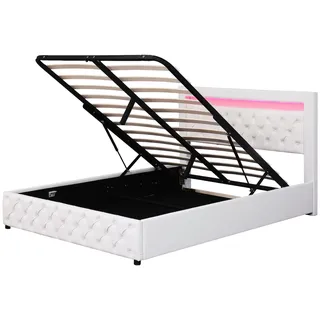 Merax Polsterbett 160 x 200 cm, Funktionsbett mit Lattenrost und Stauraum, mit LED-Beleuchtung, mit Funktion von Aufbewahrung, weiß, PU