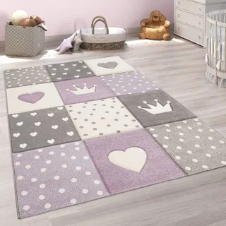 Paco Home Teppich Kinderzimmer Junge Mädchen Kinderteppich Spielteppich Kurzflor 3D Optik Pastell Punkte Herzen Krone, Grösse:Ø 200 cm Rund