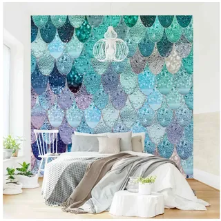 Bilderdepot24 Mustertapete Muster Meerjungfrauen Blaugrün Schuppen Türkis Modern Wanddeko, Glatt, Matt, (Vliestapete inkl. Kleister oder selbstklebend), Wohnzimmer Schlafzimmer Küche Flur gemusterte Vliestapete Wandtapete blau 2.4 m x 2.4 m
