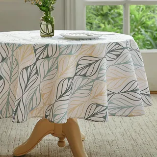Wracra Tischdecke Abwaschbar Rund 120 cm, Tischdecke Baumwolle Leinen | Streifenblätter Print, Vintage Tischdecke Outdoor, Maschinenwaschbar, Garten, Esszimmer, Feiertage, Party, Wohnkultur