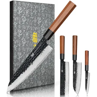 FINDKING 4-tlg Messerset, 9Cr18MoV Stahl gehämmerte Klingen Rosenholz Griff | 4-teiliges Messerset, 9Cr18MoV Stahl, gehämmerte Klingen, Rosenholz Griff, Japan Stil, Fleisch Gemüse Obst, Dynasty Serie