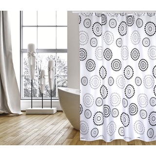 MSV Cotexsa by Premium Anti-Schimmel Textil Duschvorhang - Anti-Bakteriell, waschbar, 100% wasserdicht, mit 12 Duschvorhangringen - Polyester, „Dots“ Schwarz/Weiß 180x200cm – Made in Spain