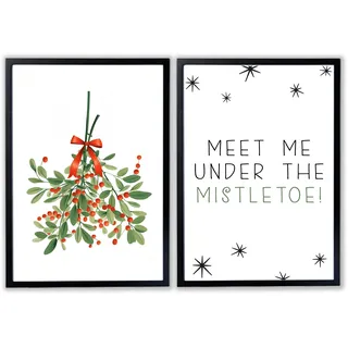 JUHMI Xmas Poster 2er Set, A3 (30x42 cm) Deko mit Spruch zu Weihnachten, Wohnzimmer Wanddeko, Schlafzimmer, Küche Dekoration mit und ohne Rahmen, Meet Me Under The Mistletoe