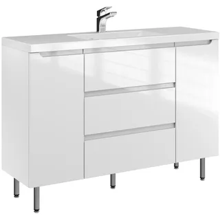 Furni ETH 120 cm D Badezimmer Waschtischunterschrank mit Waschbecken - Standschrank - Hochglanz Weiß - Modernes Design mit integrierten gefrästen Griffen - Keramik Waschbecken - vormontiert