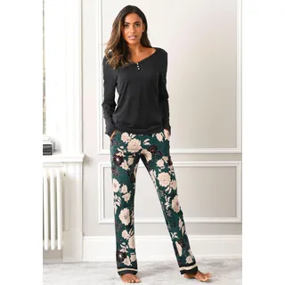 Pyjama S.OLIVER Gr. 32/34, bunt (schwarz, dunkelgrün) Damen Homewear-Sets Pyjamas mit geblümter Schlafhose