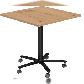 bümö Säulenhubtisch höhenverstellbar, Stehtisch Büro, Bistrotisch eckig 80 x 80 cm - Besprechungstisch Asteiche, Stehtisch Holz-Platte, Säule aus