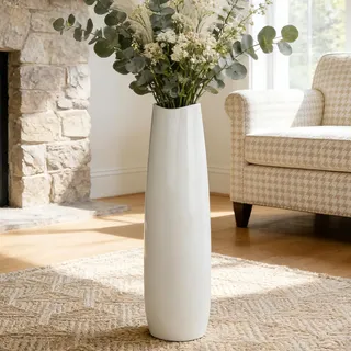 Duoqulou Dekorative Weiße Bodenvase aus Keramik, 60 cm, Große Vase für Wohnzimmer, Schlafzimmer und Büro, Minimalistisches Design für Blumen