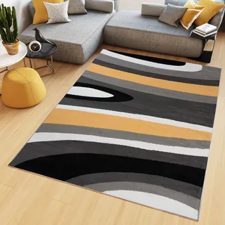 TAPISO Maya Teppich Kurzflor Grau Schwarz Weiß Gelb Streifen 250 x 300 cm