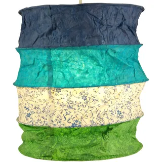 Runde Boho Papier Hängelampe, handgeschöpfter Lokta Schirm, blau/grün | Faltbarer Lampenschirm, vier Stufen, unterschiedliche Druckdesigns, stilvoll und nachhaltig