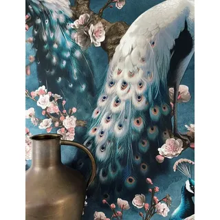 Newroom Vliestapete Nyamu Tapete Mustertapete Pfau,Blüten,Äste, Blau Tapete Modern Pfau - Mustertapete Tiermotiv Rose Weiß Tiere Floral Blüten Äste für Wohnzimmer Schlafzimmer Küche, Tiermotiv blau