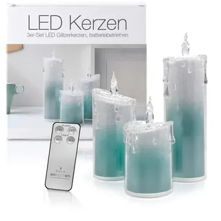 LED Acryl Glitzer Kerze Türkis 3er Set "Liza" Deko Candle 13 18 24 CM Timer