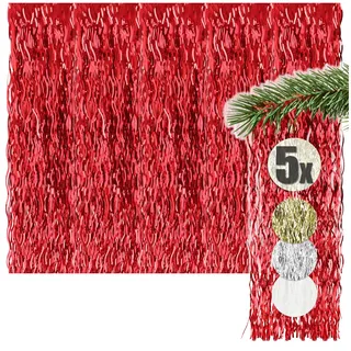 com-four® 5X Lametta, rote Lametta Girlande für Weihnachten | Christbaumschmuck für den Tannenbaum - Lametta-Vorhang mit welligen Fäden