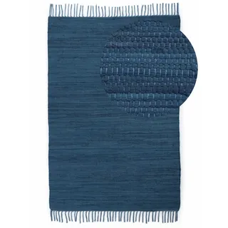 carpetfine Kelim Chindi uni, blau, 90x160 cm, handgewebt, | Fleckerlteppich aus Baumwolle, für Wohnzimmermit Fransen
