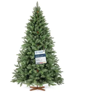 Fairytrees Künstlicher Weihnachtsbaum FT29, Nordmanntanne Premium, mit braunem Stamm und Echtholz Baumständer grün 220 cm