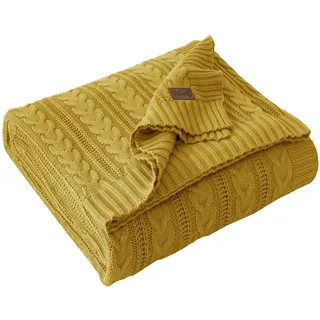 Talasily Strickdecke 150x200cm 100% Baumwolle Oeko-TEX, leichte Ganzjahresdecke Zopfmuster, atmungsaktiv weich für Frühling Sommer Herbst, Tagesdecke für Bett & Sofa, Wohnaccessoire Gelb