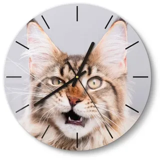 DEQORI Wanduhr 'Maine Coon Katze faucht' (Glas Glasuhr modern Wand Uhr Design Küchenuhr) beige 30 cm x 30 cm