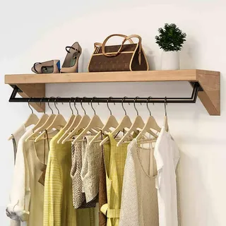 JUNNIU Vintage Wand-Kleiderständer, schwebende Holzregale mit Kleiderstange, Wandregal für den privaten Einzelhandel (Größe: 100 x 30 x 20 cm) Decoration