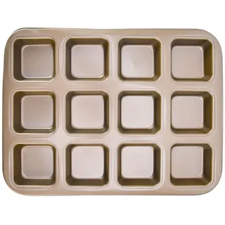 Mini-Laib-Backformen, 12 Mulden, Brownie-Backform, Kohlenstoffstahl, Muffin-Backformen, Cupcake-Brot-Trennform für Gebackenen Laib (Extra dicke 12 gleichmäßige goldene quadratische)