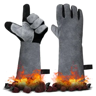 Hitzebeständiger Leder Grillhandschuhe, Kaminhandschuh, Ofenhandschuhe, Backhandschuhe, Kaminhandschuhe Feuerfeste Hitzeschutz Handschuhe, Schweißhandschuhe, 40x20CM, 1 Paar, Grau