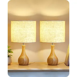 GOEBLESON Nachttischlampe aus Holz 2er Set, Moderne Tischlampe Wohnzimmer | Beige Nachttischlampe mit Kabel, Fensterbank Lampe, E27 2700K Birne, für Schlafzimmer, Nachttisch, Hotel ZME09TLDP205