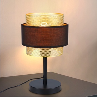 Homefire Tischlampe Retro Nachttischlampe Schwarz - Vintage Tischleuchte E27 für Wohnzimmer Schlafzimmer Gold Design Nachttischleuchte aus Metall Stoffschirm in Industrial Antik Stil - ohne Glühbirne
