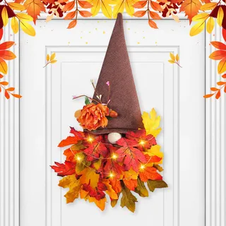Herbstdeko Wichtel Kranz mit LED Licht, Herbst Deko Herbstkranz Haustür Ahornblatt Wichtel Türkranz Deko, Hängende Türkranz Herbst Außen, Herbstdeko Innen LED Lichterkette für Haustür Wand (B)