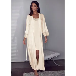 Kimono LASCANA, Damen, Gr. 36/38, beige (creme), Single-Jersey, unifarben, Langform, Hausmäntel, mit edlen Spitzendetails